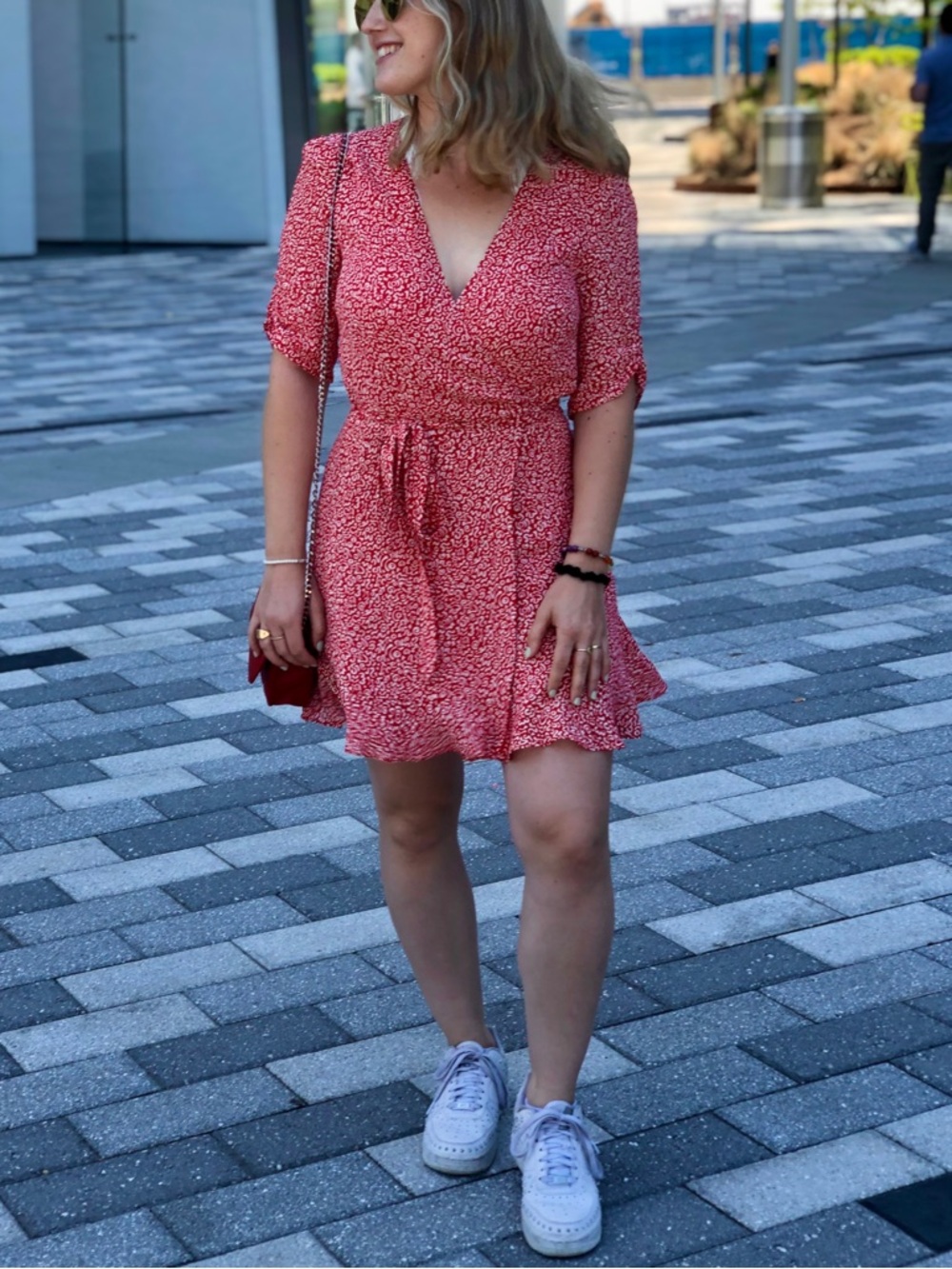 Reformation Red Floral V-Neck Tie-Waist Mini Dress